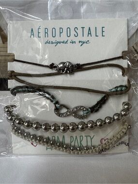 Aeropostale Silver Bead & Braided Cord Bracelet Set with Teal Accents